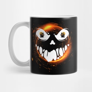 A skull in a cloud of fire with eyes on a haunted house Mug